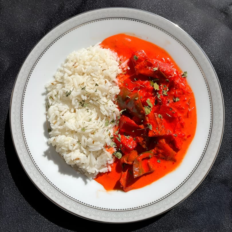 Cali Tarka's vibrant red Indian curry with chicken and peppers, served with white rice on a white plate.